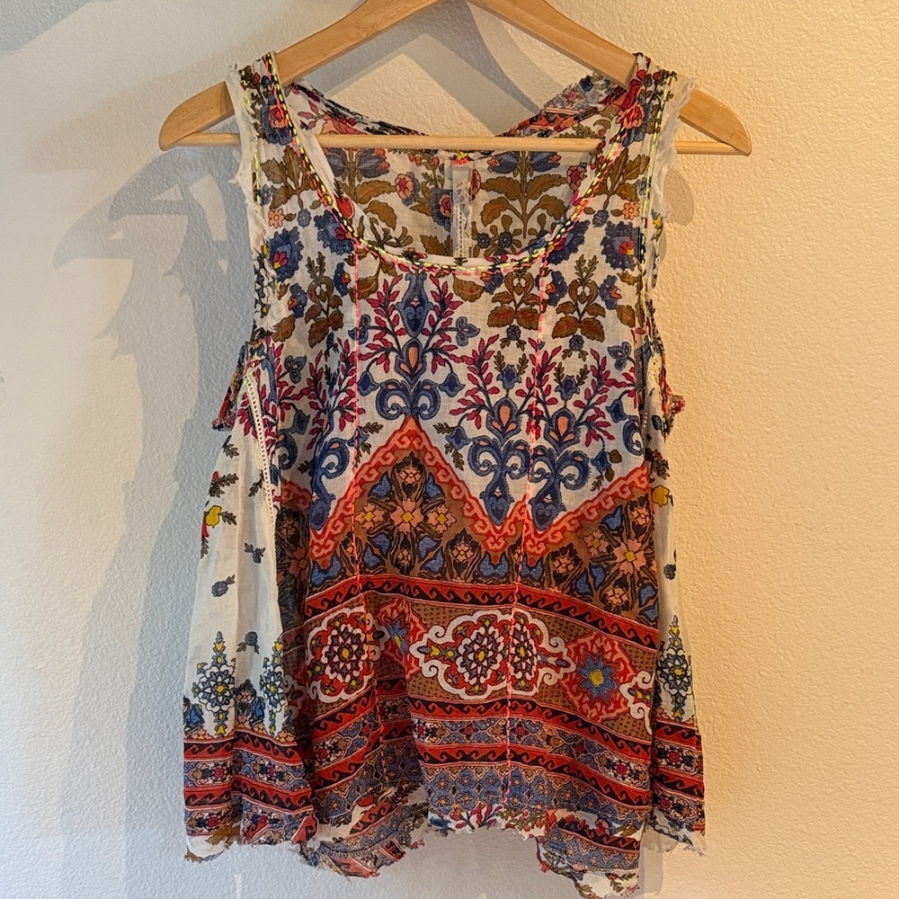 RAGA Multicolor Embroidered Flowy Boho Tank Top, 100% Cotton, Size S